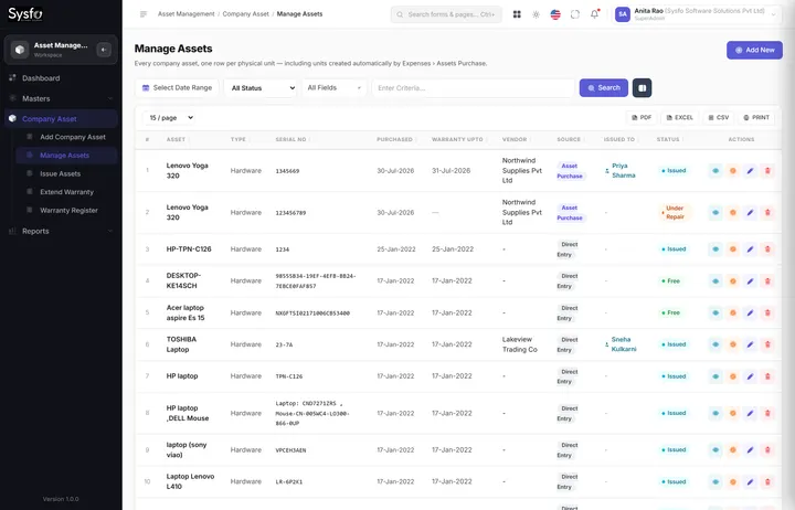 Asset Management Software — Sysfo Asset Management — Manage Assets screen