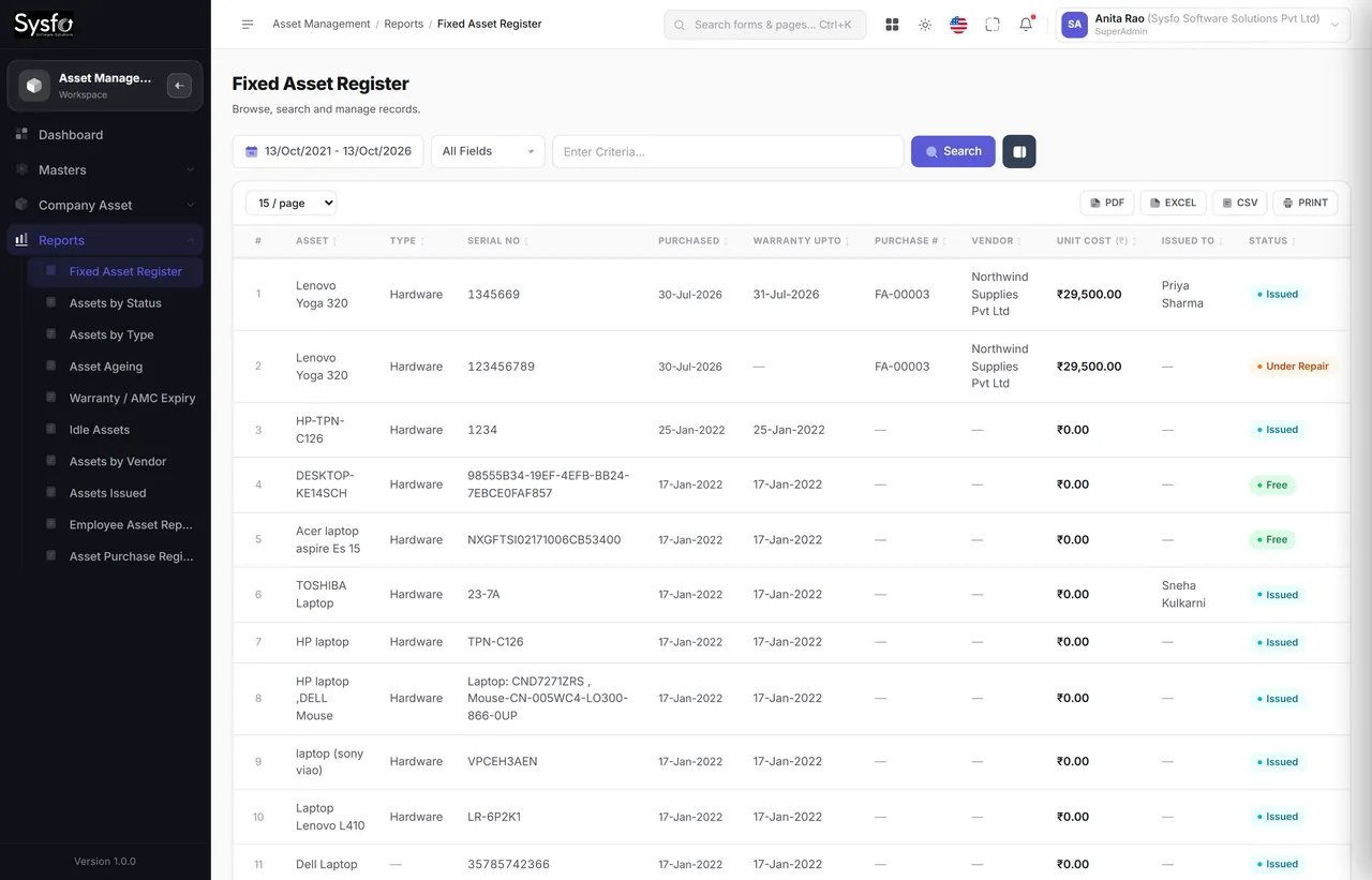 Asset Management Software — Fixed Asset Register screen
