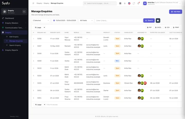 Enquiry Management System — Sysfo Enquiry — Manage Enquiries screen