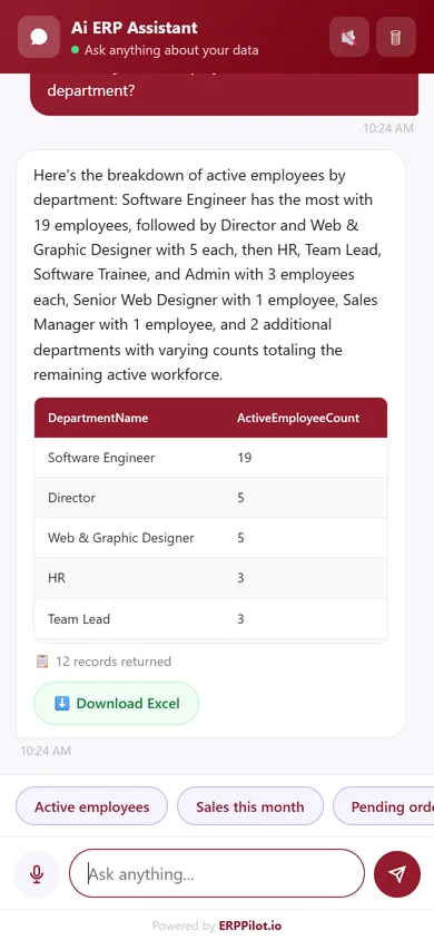 AI ERP Assistant — Full-screen mobile mode screen