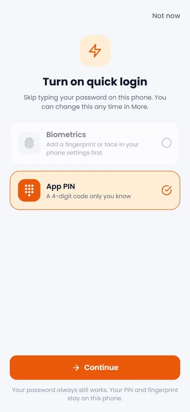 Fintech Software — Quick login screen