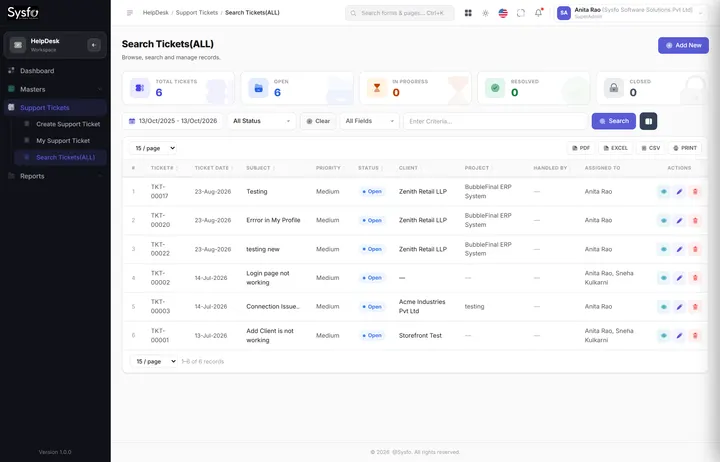 HelpDesk & Support Ticket Software — Sysfo HelpDesk — Search Tickets screen
