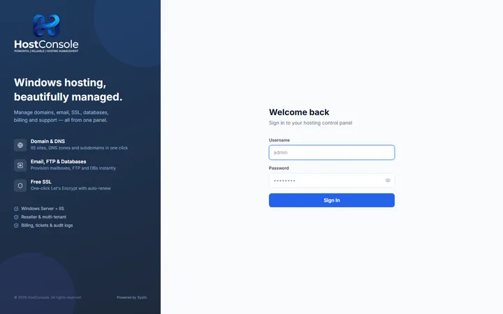 HostConsole — Windows Hosting Control Panel — HostConsole — sign in screen