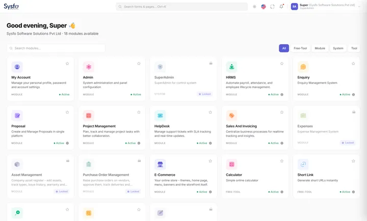 ERP Software — Sysfo ERP — module launcher screen