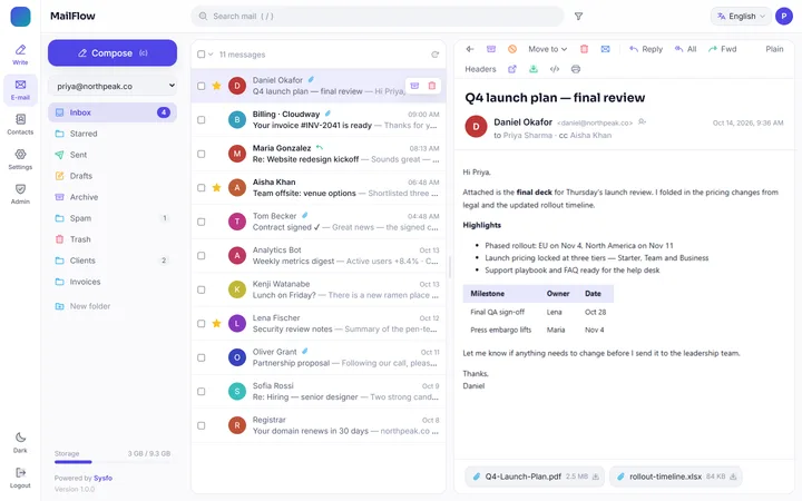 MailFlow — Webmail Client Software — MailFlow — Inbox screen