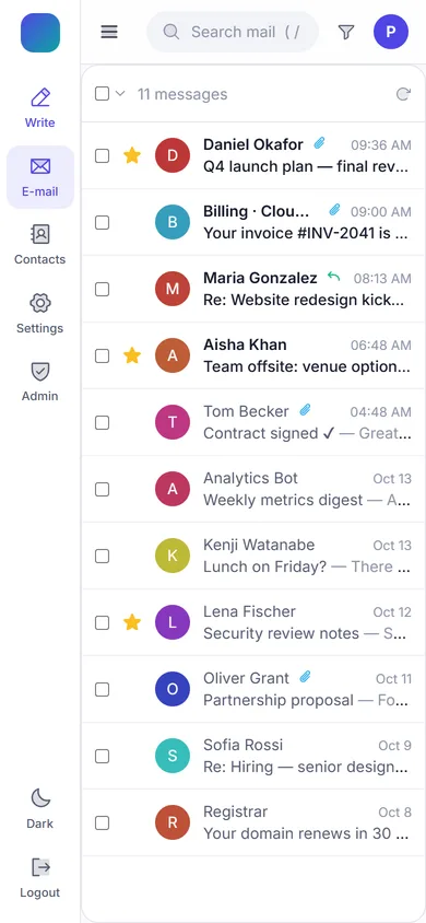 Webmail Client Software — Mobile screen