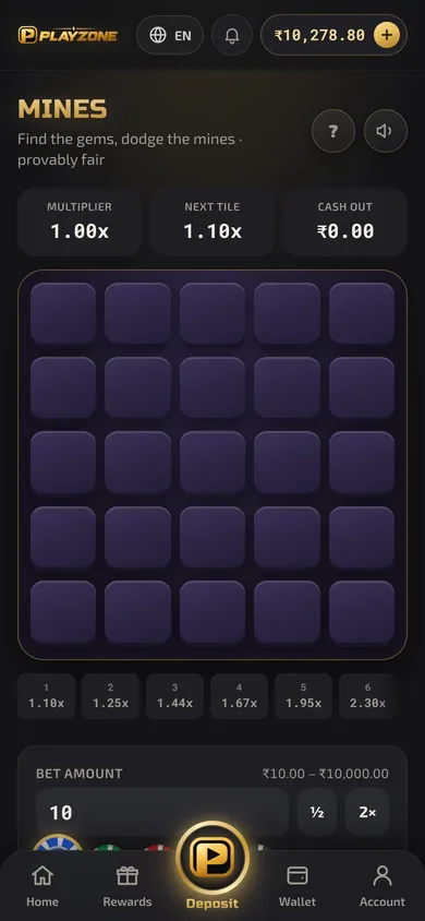 Real-Money Gaming Platform — Mines screen