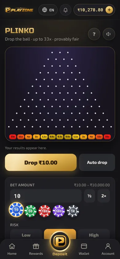 Real-Money Gaming Platform — Plinko screen