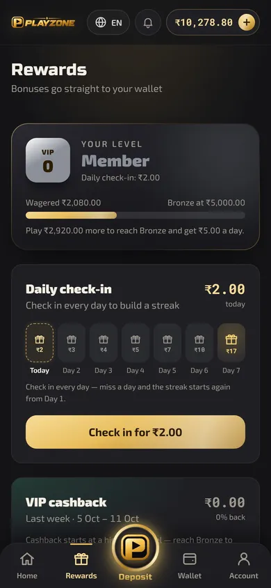 Real-Money Gaming Platform — Rewards screen