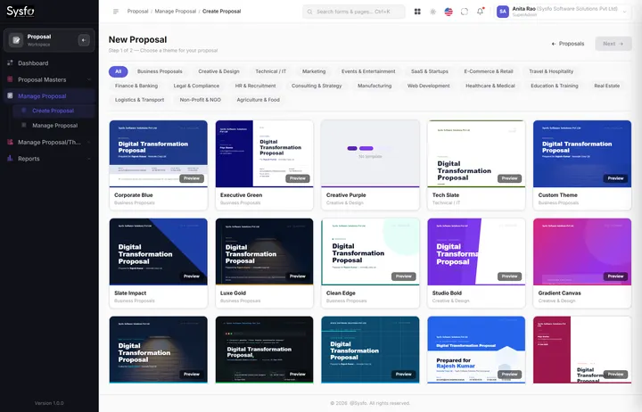 Proposal Management Software — Sysfo Proposal — Create Proposal screen