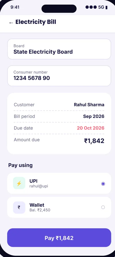 Mobile Recharge & Bill Payment Software — 2. Fetch & pay bills screen