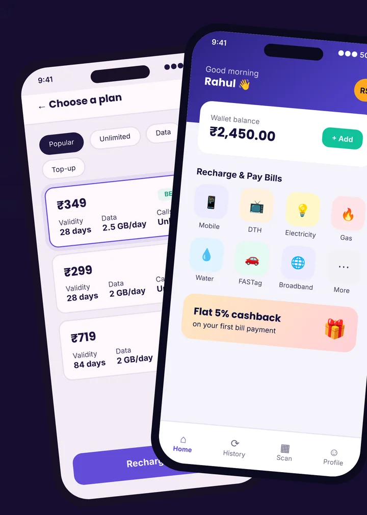 Mobile Recharge & Bill Payment Software — Home screen and plan browser