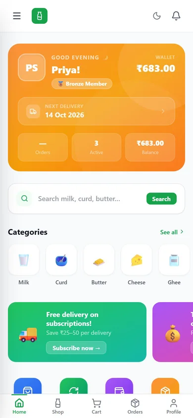 MilkDelivery app — Customer app screen
