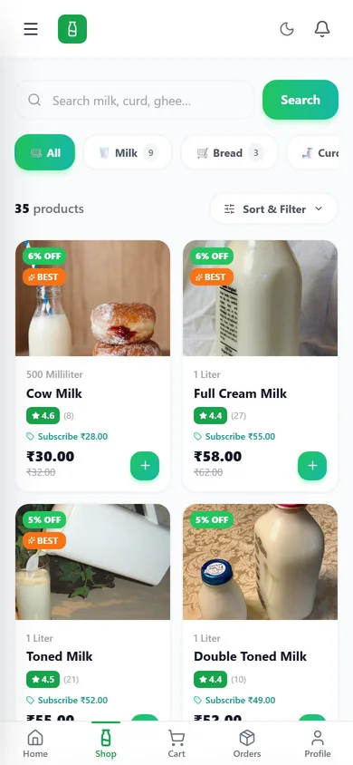 MilkDelivery app — Shop screen