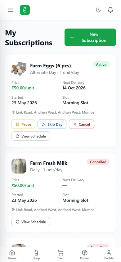 MilkDelivery app — Subscriptions screen