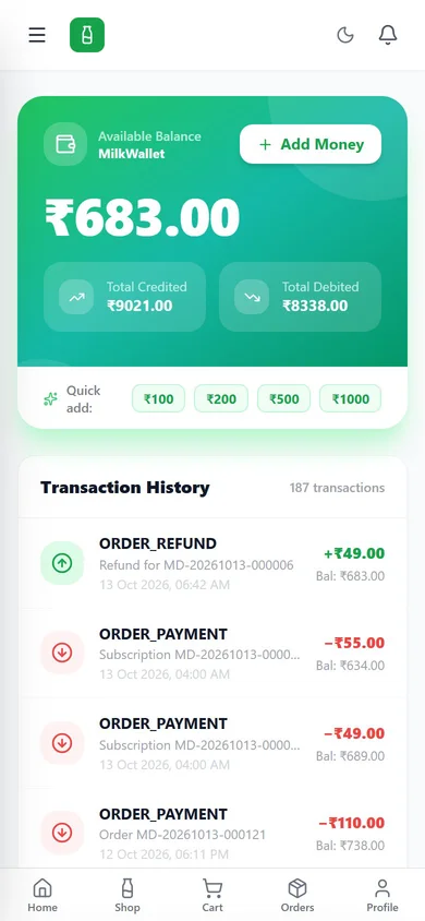 MilkDelivery app — Wallet screen