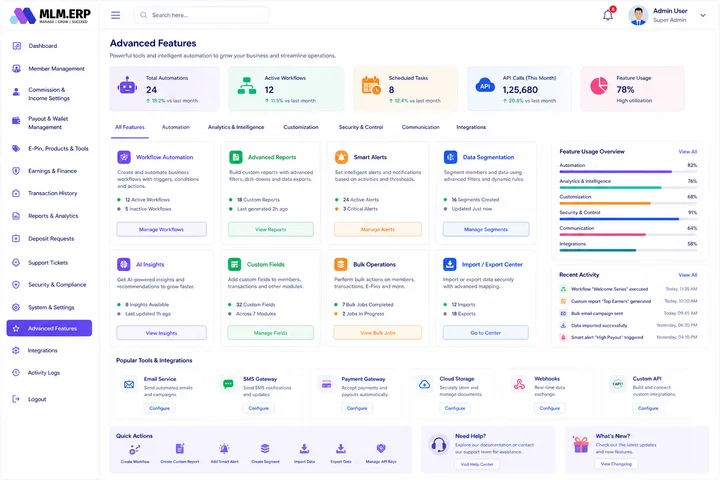 MLM.ERP Member Panel — Advanced Features screen