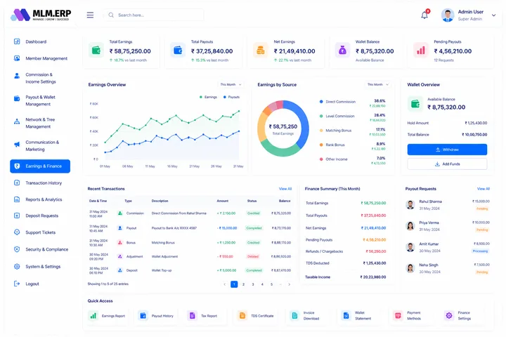 MLM.ERP Member Panel — Earnings & Finance screen