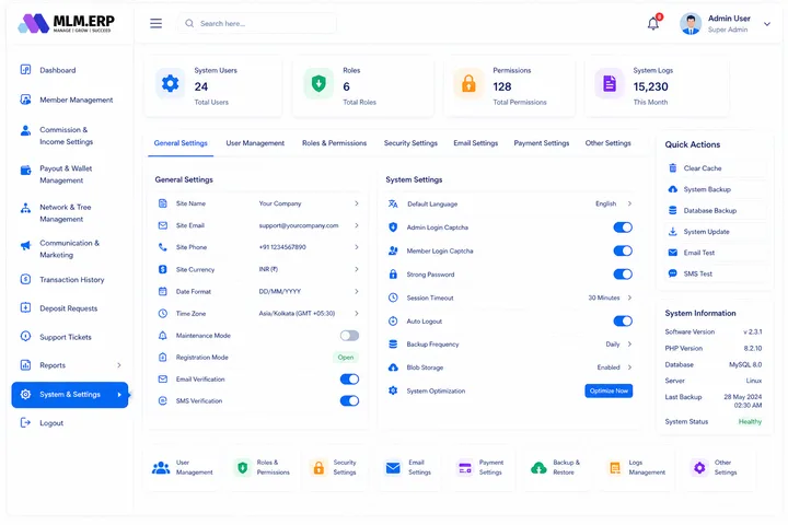 MLM.ERP Admin Panel — System & Settings screen