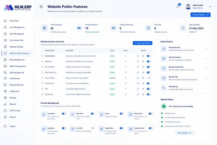 MLM.ERP Website Panel — Website Public Features screen