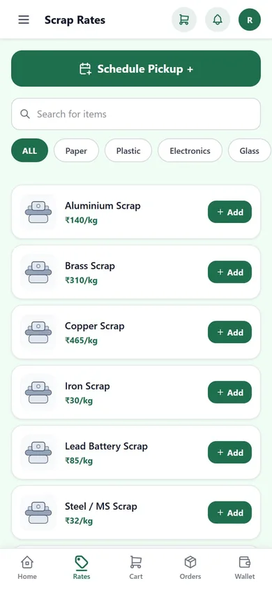 ScrapApp — Rate card screen