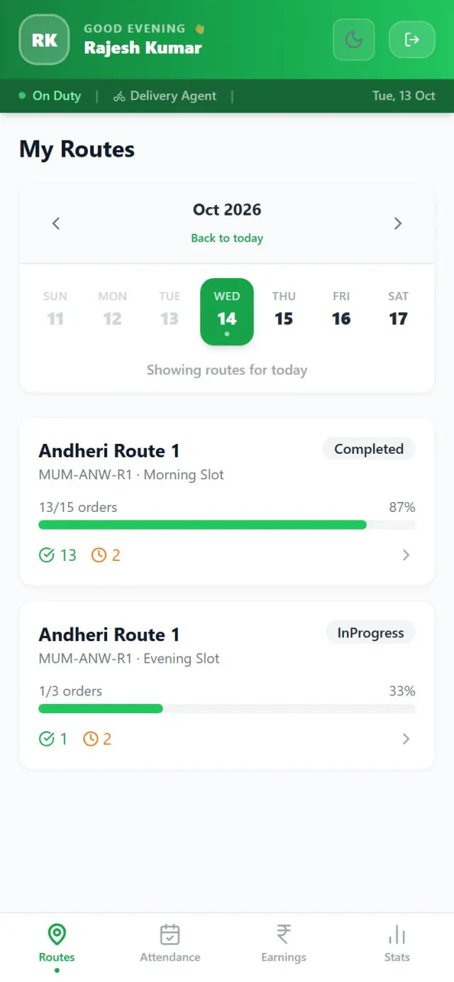 Delivery partner route screen from Sysfo's milk delivery Android app showing completed orders