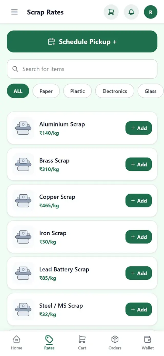 Scrap rate card with add-to-pickup buttons from Sysfo's scrap collection mobile app