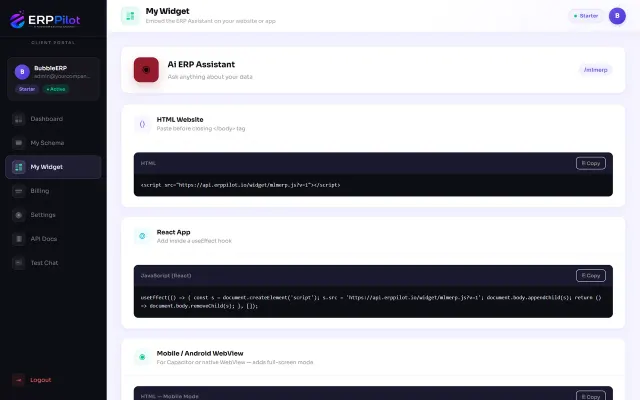 Developer portal showing ready-to-copy integration snippets for HTML websites, React apps and mobile WebView