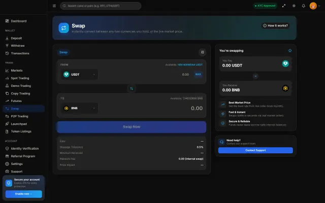 Token swap interface showing from and to coins, exchange rate and confirm button