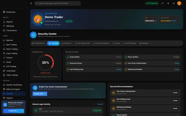 Security centre in a crypto platform showing two-factor authentication, devices and login history