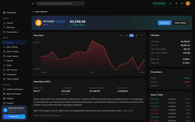 Coin detail page with price chart, market statistics and recent trades for a crypto token