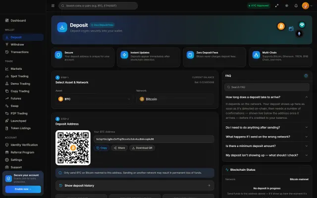Crypto deposit screen with network selection, wallet address and QR code for a coin transfer