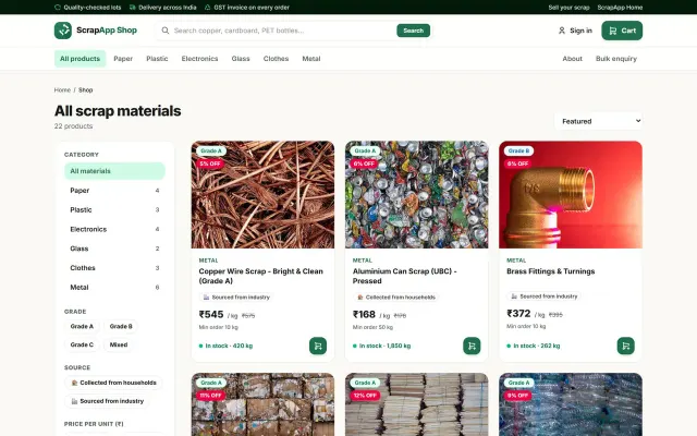 E-commerce catalogue page with category filters and product grid from Sysfo's ScrapApp Shop