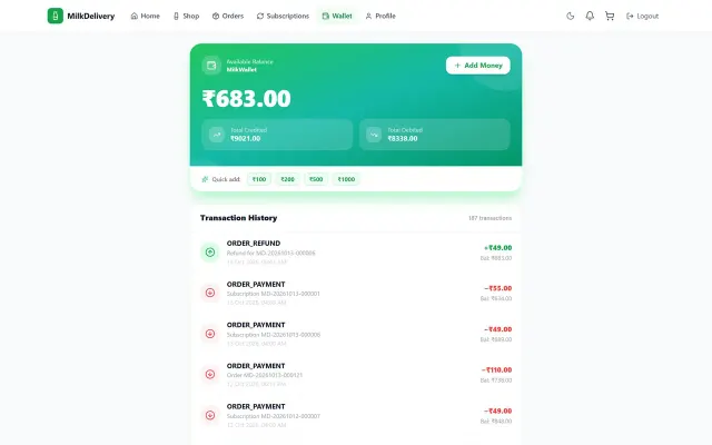 Customer wallet screen with balance and transaction history in Sysfo's milk delivery e-commerce platform