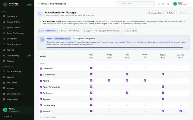 Role and permission manager screen controlling module access for different enterprise user roles