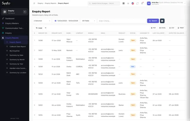 Sysfo enquiry report listing Facebook ad leads with status, owner and follow-up dates