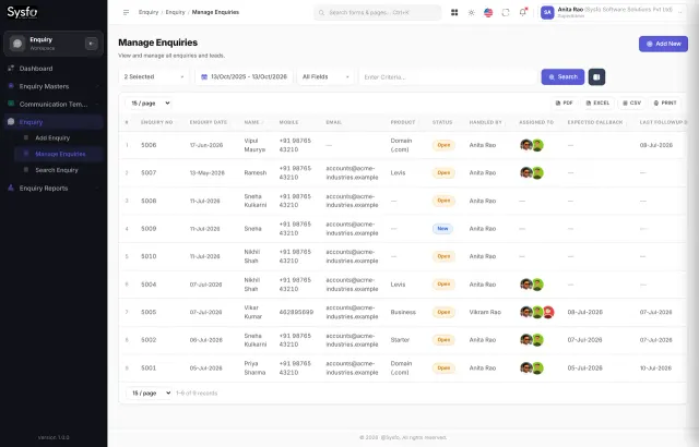 Sysfo enquiry management screen listing leads with status and follow-up dates