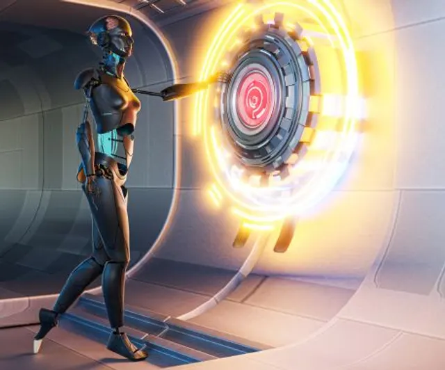 Stylised 3D robot character and glowing effects illustrating game art and animation