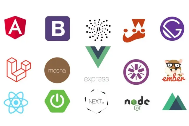Logos of JavaScript frameworks such as React, Angular, Vue and Node.js used by hired developers