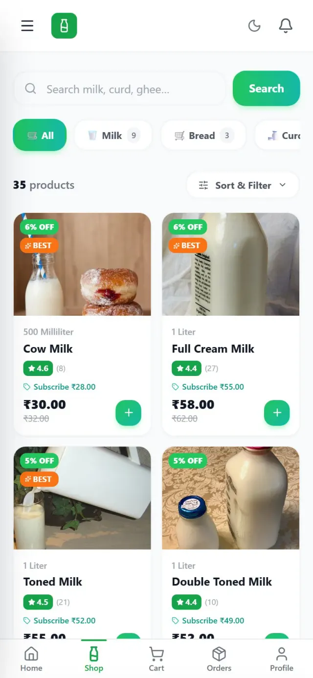 Product catalogue screen with prices and subscribe buttons in Sysfo's milk delivery mobile app