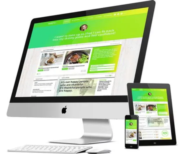 Restaurant ordering website shown on a desktop, tablet and phone with dishes on the menu