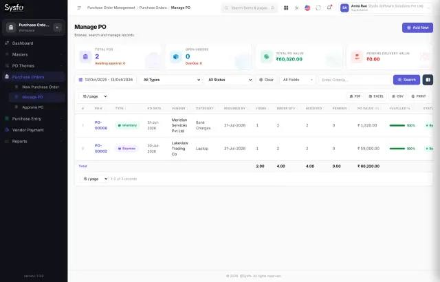 Sysfo ERP purchase order screen listing approved POs and goods received from raw material vendors