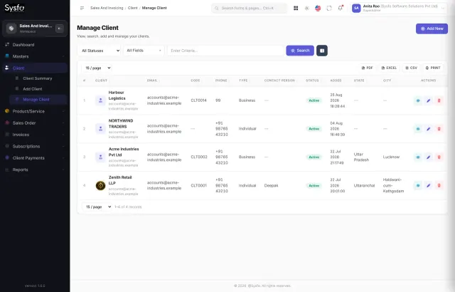 Sysfo ERP client master with GSTIN, contacts and credit terms for professional services billing