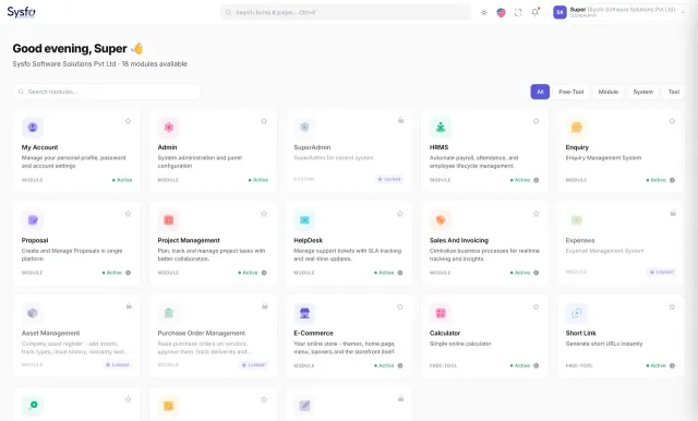 Sysfo ERP module launcher with projects, timesheets, HR, sales and helpdesk for professional firms