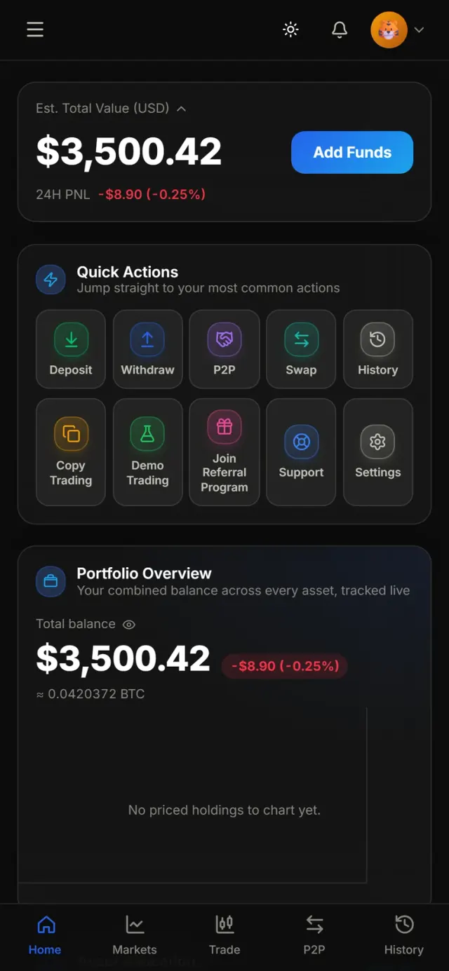 Polished dark-mode mobile dashboard screen from Sysfo's crypto exchange software on a phone