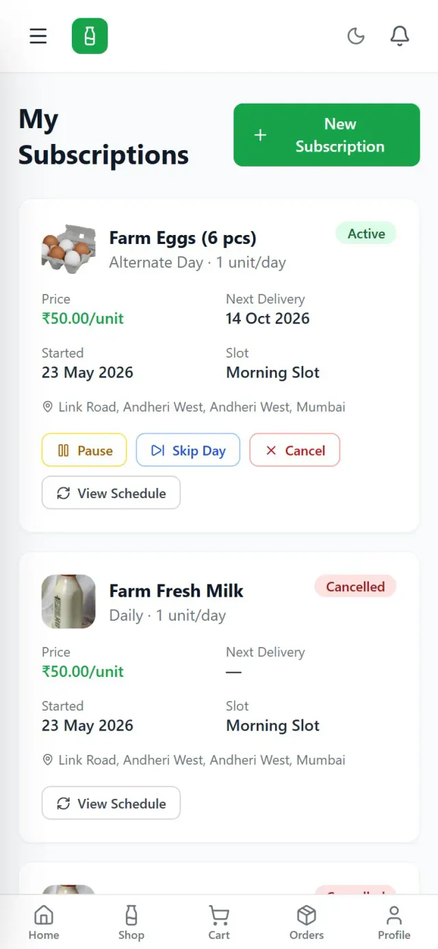 Subscription management screen with pause, skip and cancel options in Sysfo's milk delivery app
