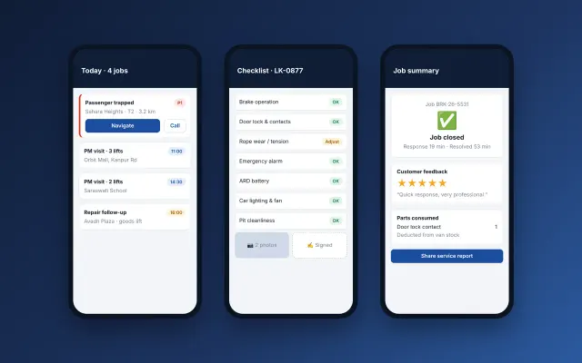 Technician job, checklist and summary screens from Sysfo's LiftDesk field service mobile app