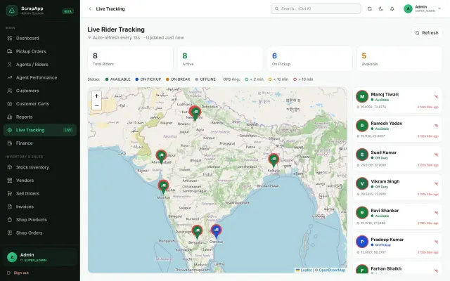 Admin panel of Sysfo's scrap collection app showing live agent tracking on a map