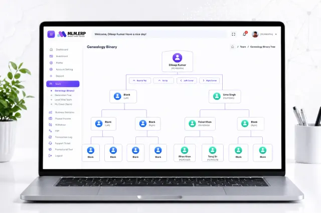 Binary genealogy tree in MLM.ERP showing a sponsor with left and right downline members