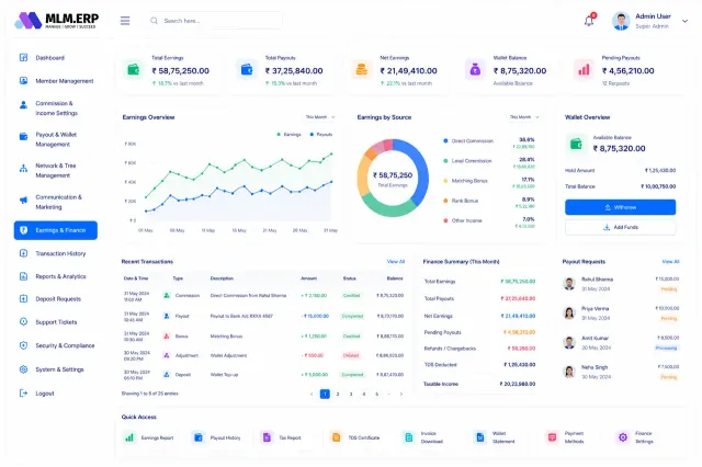 Earnings and finance dashboard with total earnings, payouts, wallet balance and pending payout requests